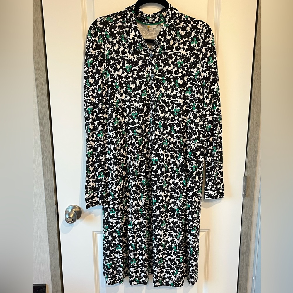 Boden Black, White, and Green Floral Midi Dress EUC